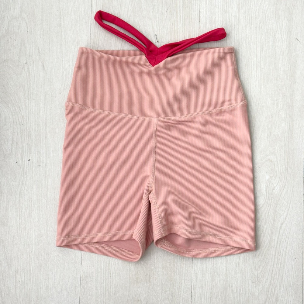 Five Dancewear Pink Ribbed High Waisted Strappy Athletic Shorts Womens‎ Small
